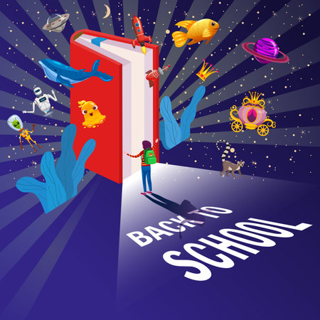 Welcome Back to school, Book Inspiration poster. Kids space imaginationの写真素材