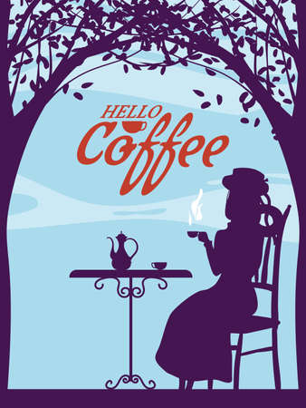 Poster Street Cafe autumn, girl on the chair, fall mood. Cup, chair, table, kettle retro style vector illustrationのイラスト素材