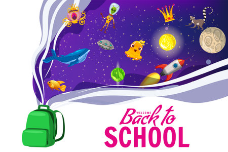 Welcome Back to school poster backpack, space imagination, creative concept. Template for invitation, poster, bannerのイラスト素材
