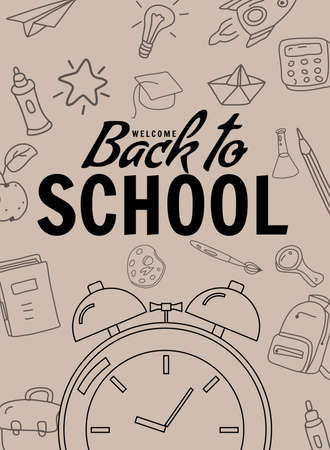 Back to school poster clock alarm clock, retro. Sale Background template icons accessoriesのイラスト素材