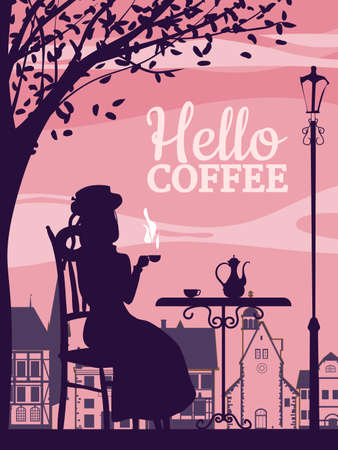 Hello Coffee street cafe, girl on the chair, fall mood. Cup, chair, table, kettle retro style poster vector illustrationのイラスト素材
