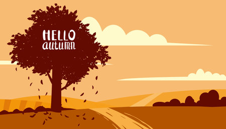 Hello Autumn landscape countryside scene, banner. Rural fall view fieldsのイラスト素材