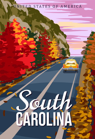 South Carolina travel vintage poster, autumn road, car. Retro illustrationのイラスト素材