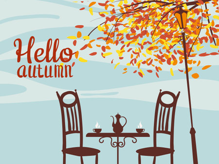 Banner Hello Coffee street cafe, outdoor, tree, fall mood, nightのイラスト素材