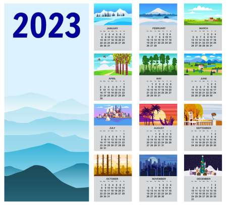 2023 Calendar landscape natural backgrounds of four seasonsのイラスト素材