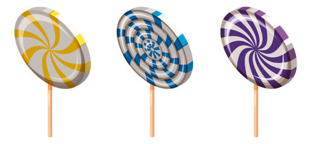 Set of Lollipop Swirl Candy Spiral Isometric. Sweet spiral striped caramel, on stick, vector cartoon styleのイラスト素材
