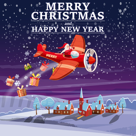 Santa Claus flying on vintage plane, delivering gift boxes, night city background. Christmas poster, banner retro cartoon style illustrationのイラスト素材