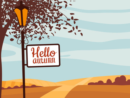 Autumn city park alley road, footpath. Lantern witn banner Hello Autumn, Rural fall viewのイラスト素材