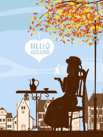 Autumn street cafe, girl on the chair, fall mood. Cup, chair, table, kettle retro style banner vector illustrationのイラスト素材