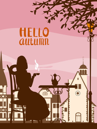 Autumn street cafe, girl on the chair, fall mood. Cup, chair, table, kettle retro style poster vector illustrationのイラスト素材