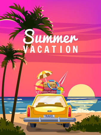 Suncet, Vacation travel yellow car with luggage bags, surfboard on the beach. Tropical seachore, sky, palms, sea, ocean, back view. Vector illustration retro cartoonのイラスト素材