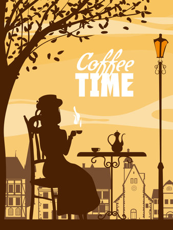 Poster Autumn street cafe, girl on the chair drink coffee, fall mood. Cup, chair, table, kettle retro style vector illustrationのイラスト素材