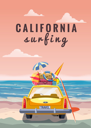 Travel yellow car with luggage bags, surfboard on the beach. Tropical seachore, palms, sea, ocean, back view. Vector illustration retro cartoonのイラスト素材