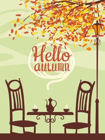 Hello Coffee street cafe, outdoor, tree, fall mood, nightのイラスト素材