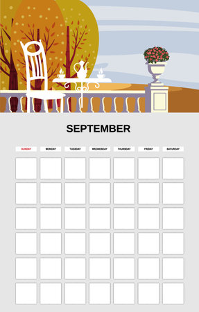 September Calendar Planner month. Minimalistic landscape natural backgrounds Autumn. Monthly template for diary business. Vector isolatedのイラスト素材