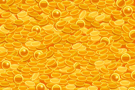 Gold coin pattern background, pile of gold coins reasure top view. Vector illustrationのイラスト素材
