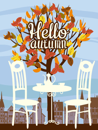 Poster Hello Autumn street cafe, outdoor, tree, fall mood, nightのイラスト素材