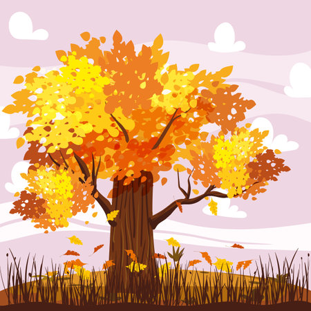 Autumn landscape with Oak tree yellow, orange, fallen leaves. Rural seasone scene, countrysideのイラスト素材