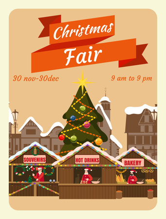 Poster Christmas Fair. Xmas fair card with decorated Christmas treeのイラスト素材