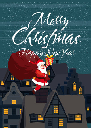 Merry Christmas poster, Santa Claus on the roof delivering gifts by chimneyのイラスト素材