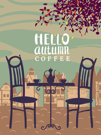 Hello Autumn Coffee street cafe, outdoor, park, fall mood, nightのイラスト素材