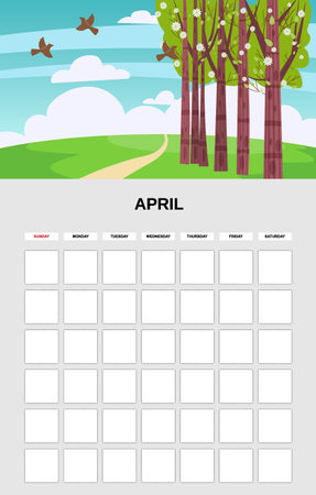 April Calendar Planner month. Minimalistic park hill landscape natural backgrounds Spring. Monthly template for diary business. Vector isolatedのイラスト素材