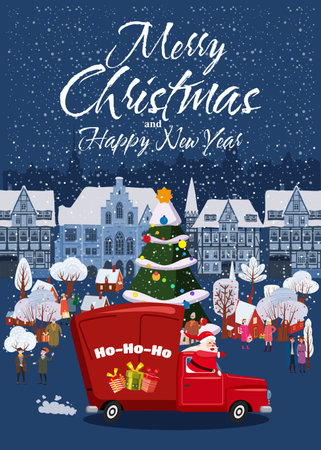 Merry Chistmas Poster Santa Claus drives an old retro car, truckのイラスト素材