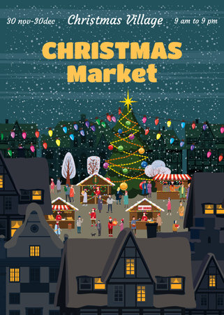 Poster Christmas Market, city square. Xmas fair card with decorated Christmas treeのイラスト素材