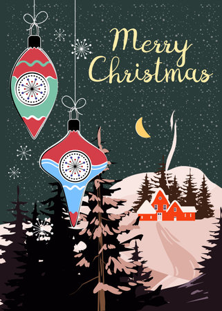 Vintage Merry Christmas greeting card, background. Christmas balls, winter villageのイラスト素材