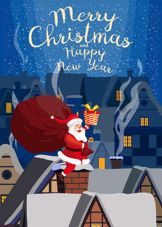 Merry Christmas Santa Claus delivering gifts by chimney posterのイラスト素材