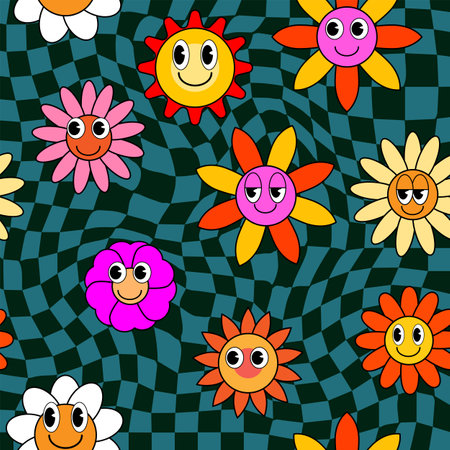 Groovy hippie flower seamless pattern. Colorful flowers trendy check distortion background retro trippy 70s styleのイラスト素材