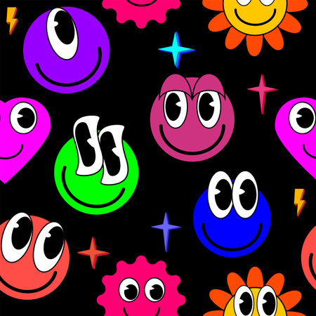 Smiley faces stickers, trippy seamless pattern. Retro trendy distortion backgroundのイラスト素材