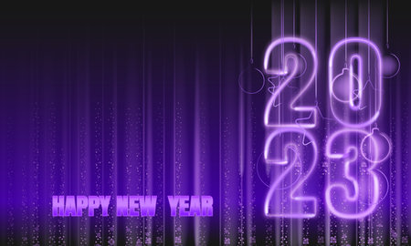 Merry Christmas and Happy New Year 2023 background, tree violet lights dust decoration, violet blurred magic glow on dark backgroundの写真素材
