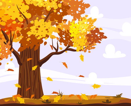 Rural Autumn landscape with Oak tree yellow, orange, fallen leaves. Seasone scene, countrysideのイラスト素材
