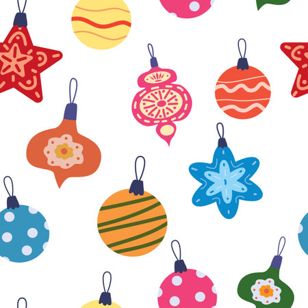 Retro Christmas seamless pattern balls, toys. Doodle vintage iconsのイラスト素材
