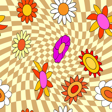 Groovy hippie flower seamless pattern. Colorful flowers trendy check distortion background retro trippy 70s styleのイラスト素材
