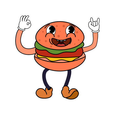 Groovy funny burger cartoon character, vintage hippie 70s. Doodle comic bright characterのイラスト素材