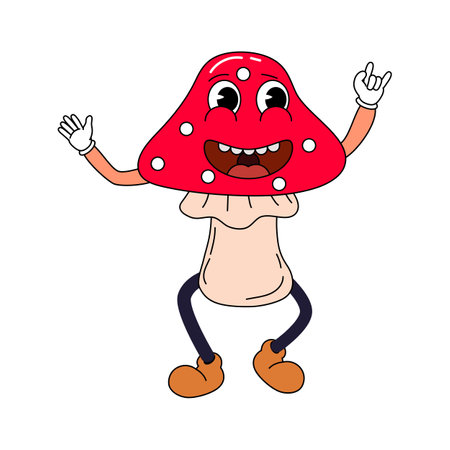Mushroom funny retro comic Christmas character, gloved handsのイラスト素材