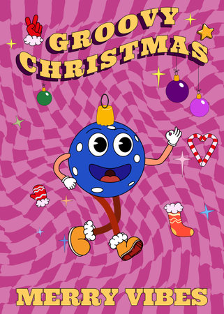 Groovy hippie Christmas poster. Christmas Ball in trendy retro cartoon styleのイラスト素材