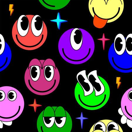 Smiley faces stickers, trippy seamless pattern. Retro trendy backgroundのイラスト素材