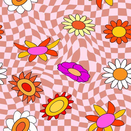 Groovy hippie flower seamless pattern. Colorful flowers trendy check distortion background retro trippy 70s styleのイラスト素材