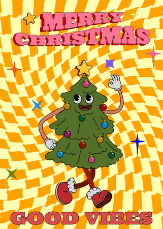 Groovy hippie Christmas poster. Christmas Tree in trendy retro cartoon styleのイラスト素材