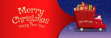 Santa Claus delivery van huge bag of Christmas gifts. Merry Christmas bannerのイラスト素材