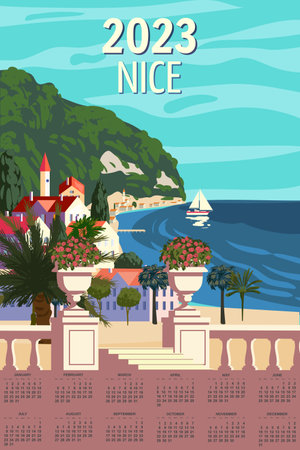 Monthly calendar 2023 year Nice French Riviera coast poster vintage. Mediterranean Resort, coast, sea, palms, beach. Retro style illustration vectorのイラスト素材