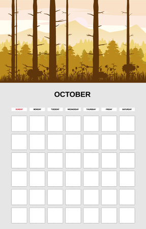 Calendar Planner October month. Minimalistic landscape natural backgrounds Autumn. Monthly template for diary business. Vector isolatedのイラスト素材
