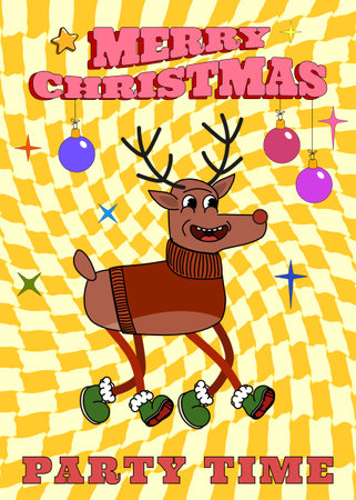 Groovy hippie Christmas poster. Deer in trendy retro cartoon styleのイラスト素材