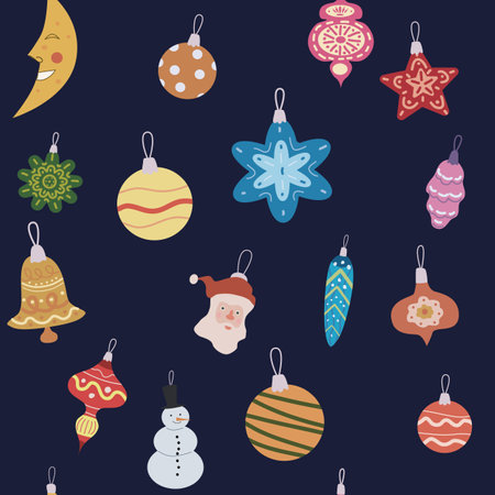 Christmas seamless pattern retro balls, toys. Doodle vintage iconsのイラスト素材