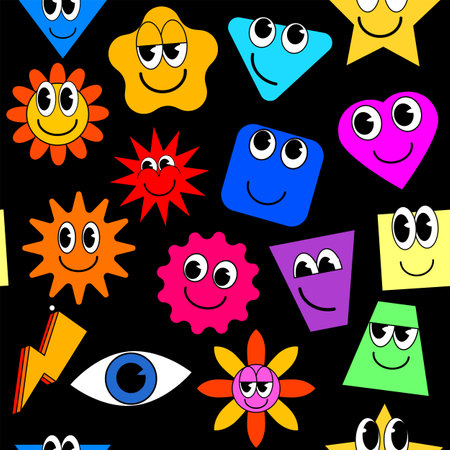 Cartoon stickers seamless pattern. Abstract shapes, stars, square, comic cute doodle smile charactersのイラスト素材