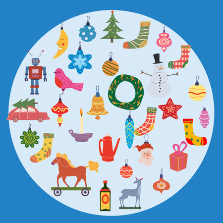 Retro Christmas seamless pattern balls, toys. Doodle vintage iconsのイラスト素材