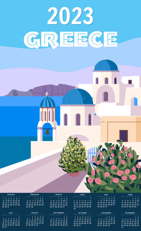 Monthly calendar 2023 year Greece Poster Travel, Greek white buildings with blue roofs, church, poster, old Mediterranean European culture and architectureのイラスト素材
